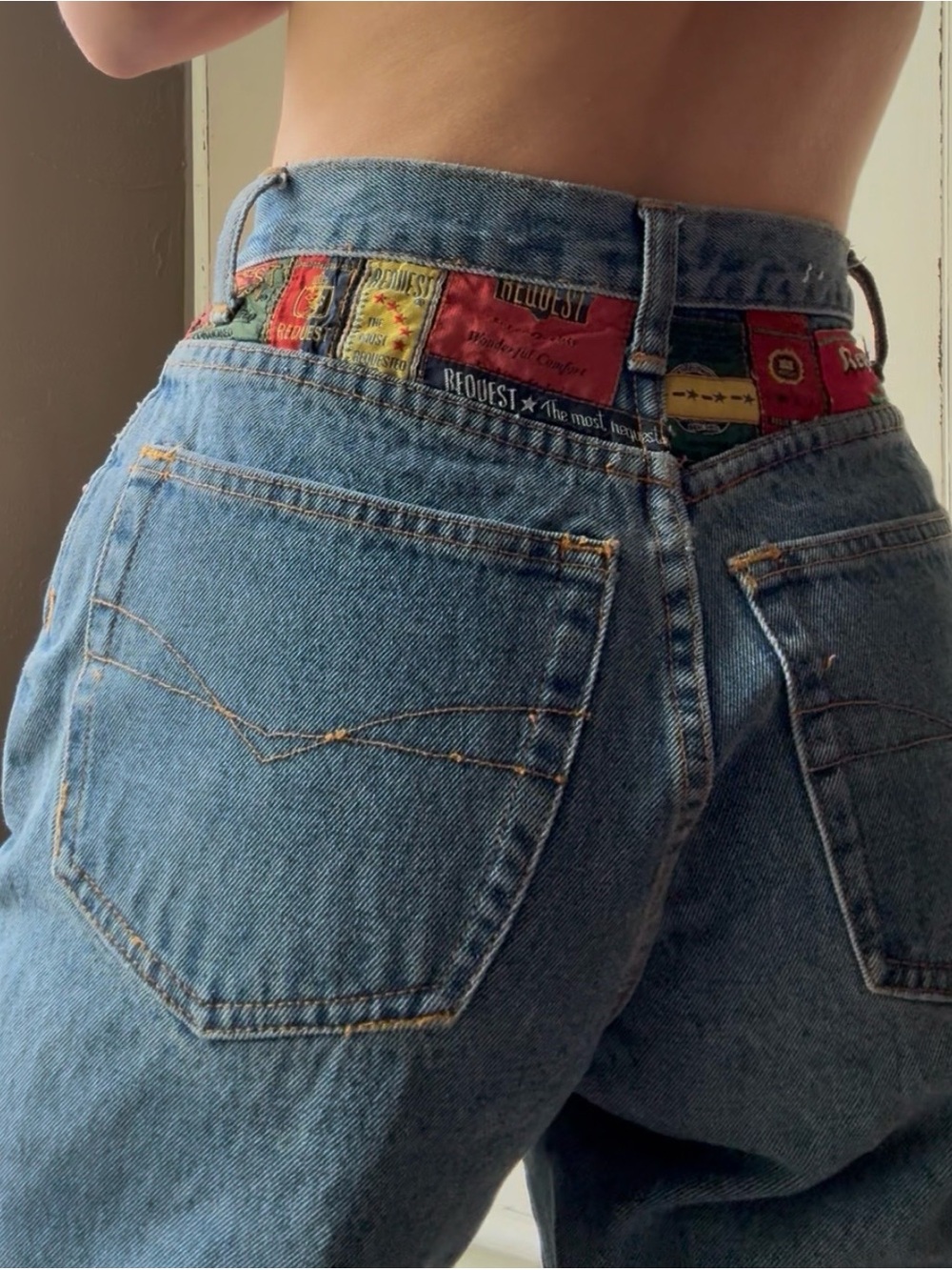 Request Vintage High Rise Mom Jeans Colorful Logo Waistband 90s Y2K